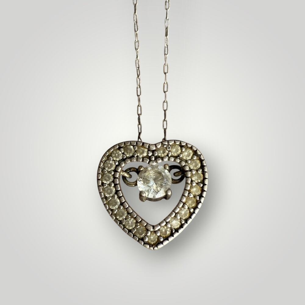 Sterling Silver 925 Heart Necklace 20” Dangle Center Stone Halo Pendant Italy